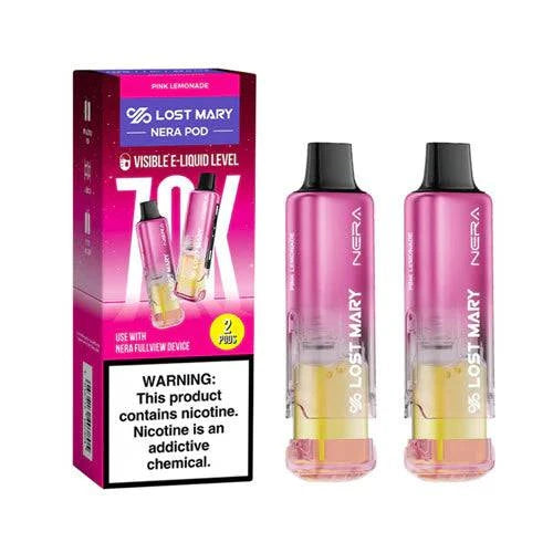 Lost Mary Nera Fullview 70K pod with pink lemonade flavor, showcasing the sleek design and vibrant color of the vape pod.