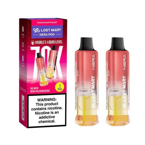 Lost Mary Nera Fullview 70K Pod with Pomegranate Blast flavor, showcasing the sleek pod design and vibrant fruit imagery.