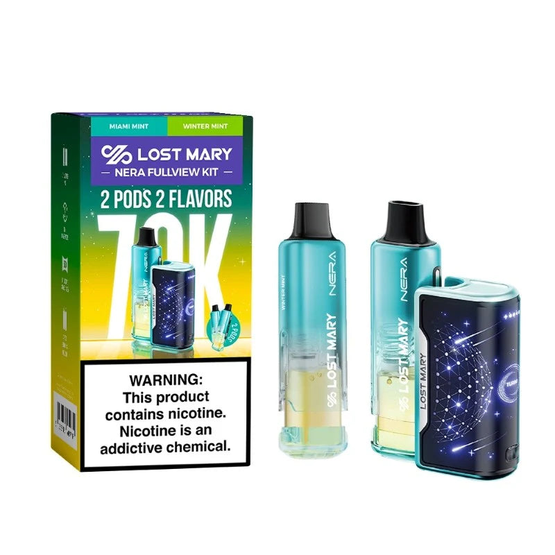 Lost Mary Nera Fullview 70K vape kit with Miami Mint and Winter Mint flavors, featuring sleek design and clear e-liquid view.
