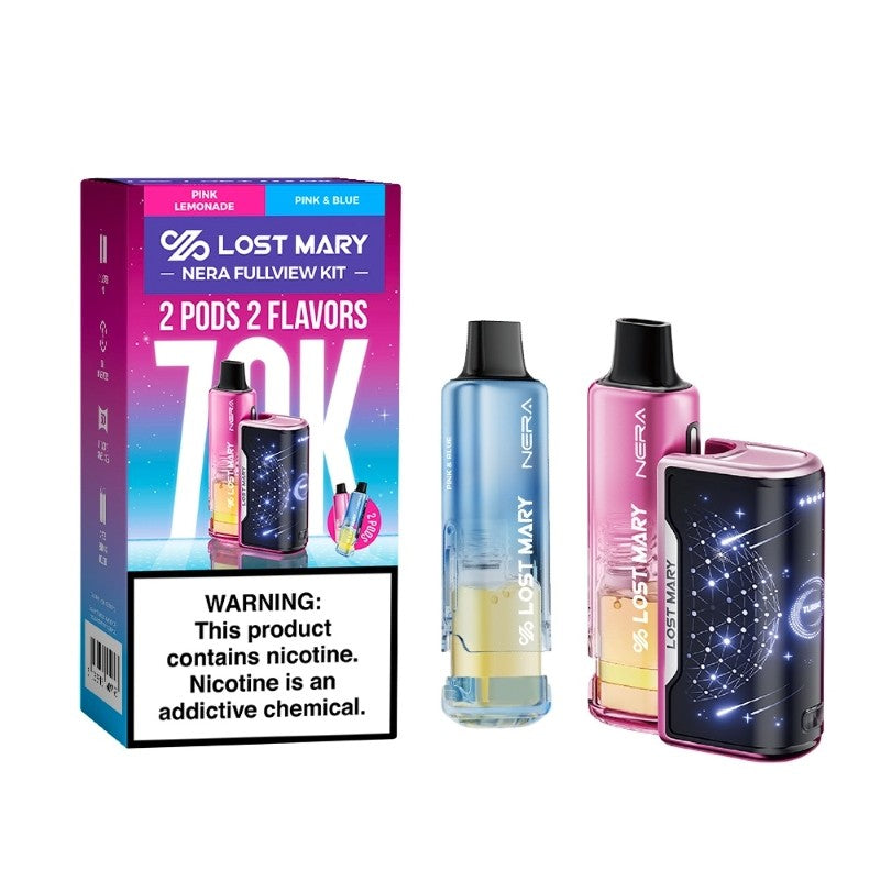 Lost Mary Nera Fullview 70K vape kit with pink lemonade and blue accents, featuring a sleek, colorful design.