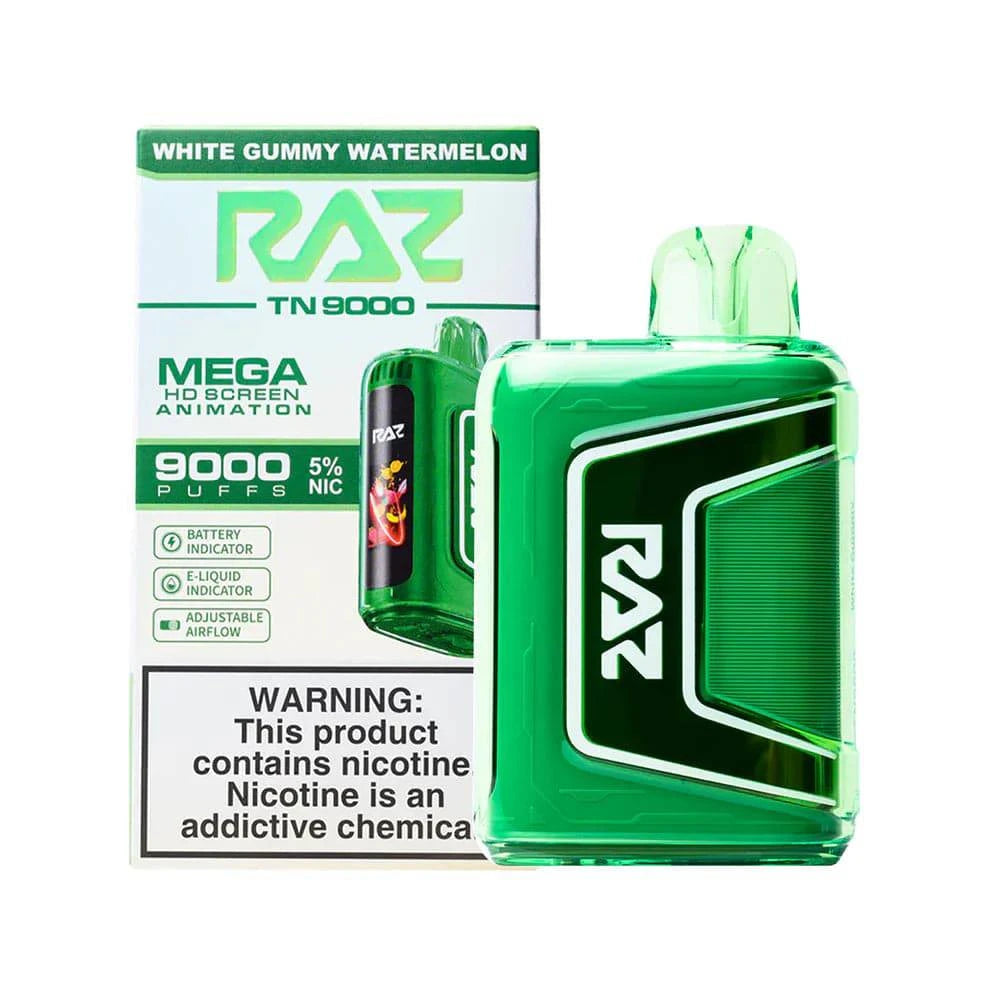White gummy watermelon RAZ TN9000 disposable vape with 9,000 puffs, featuring a sleek design and flavorful fruit aroma.