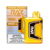 Raz TN9000 disposable vape with banana coconut flavor, showing the sleek design and colorful packaging for 9,000 puffs.