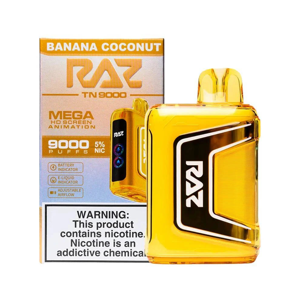 Raz TN9000 disposable vape with banana coconut flavor, showing the sleek design and colorful packaging for 9,000 puffs.