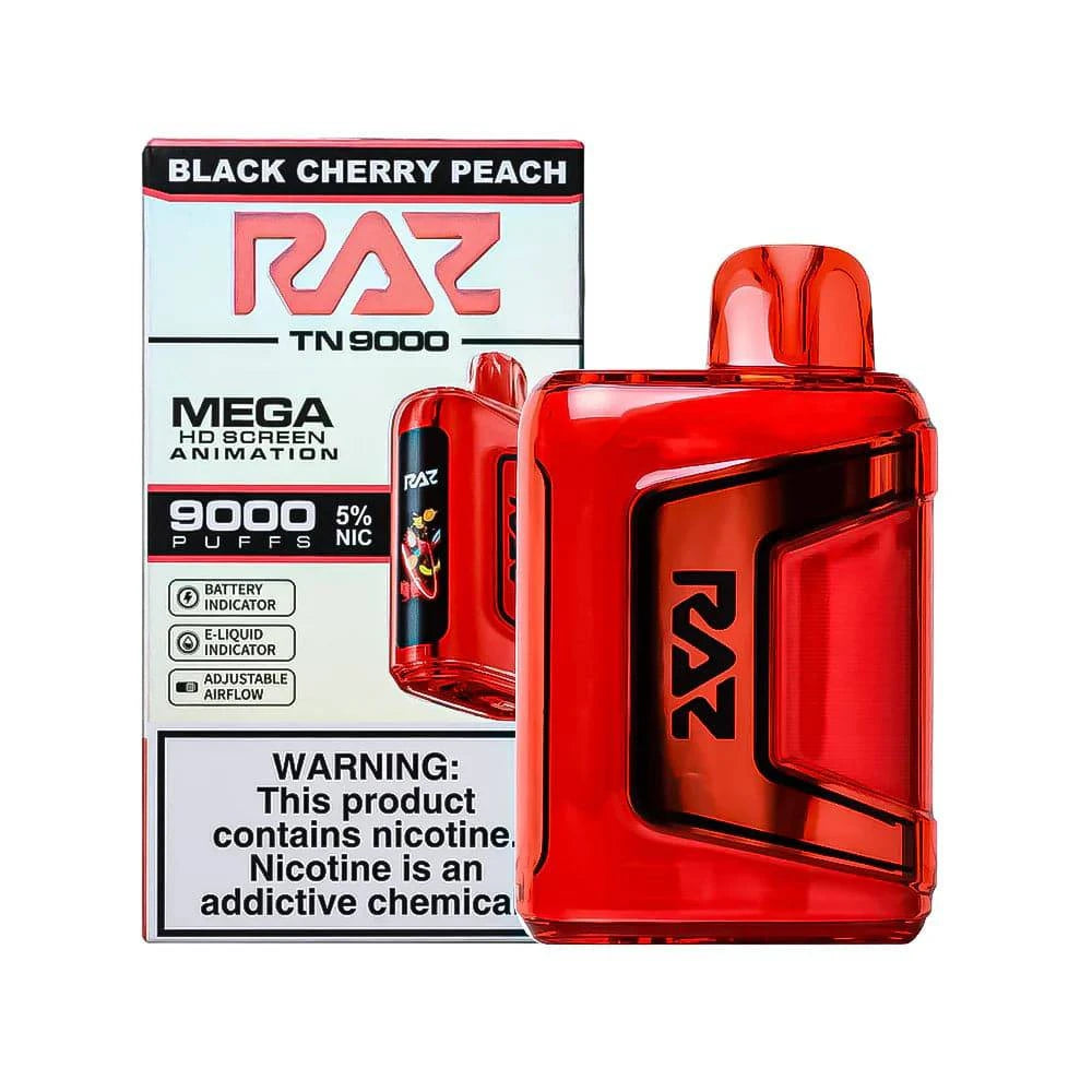 Raz TN9000 disposable vape in black cherry peach flavor, featuring sleek black design with colorful fruit illustrations.