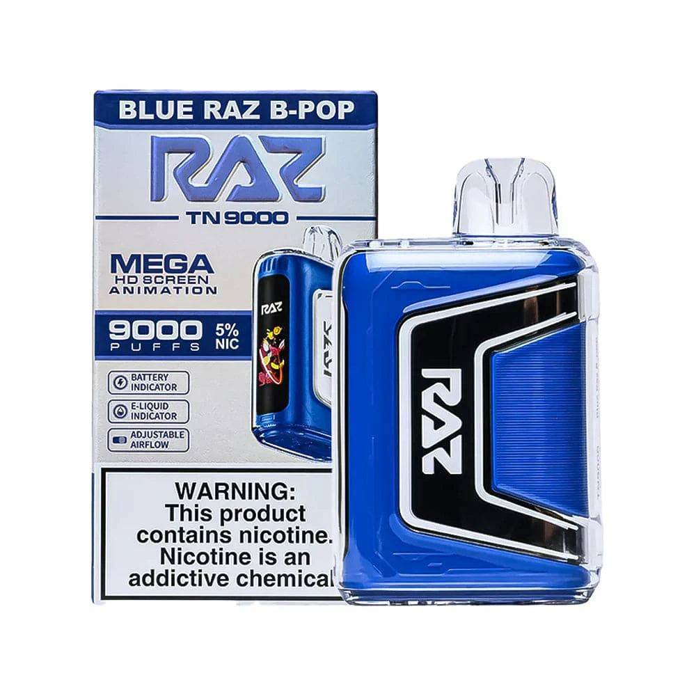 Blue RAZ TN9000 disposable vape with 9,000 puffs, featuring a sleek design and vibrant Razz B Pop flavor from Vape Shop Wholesale.