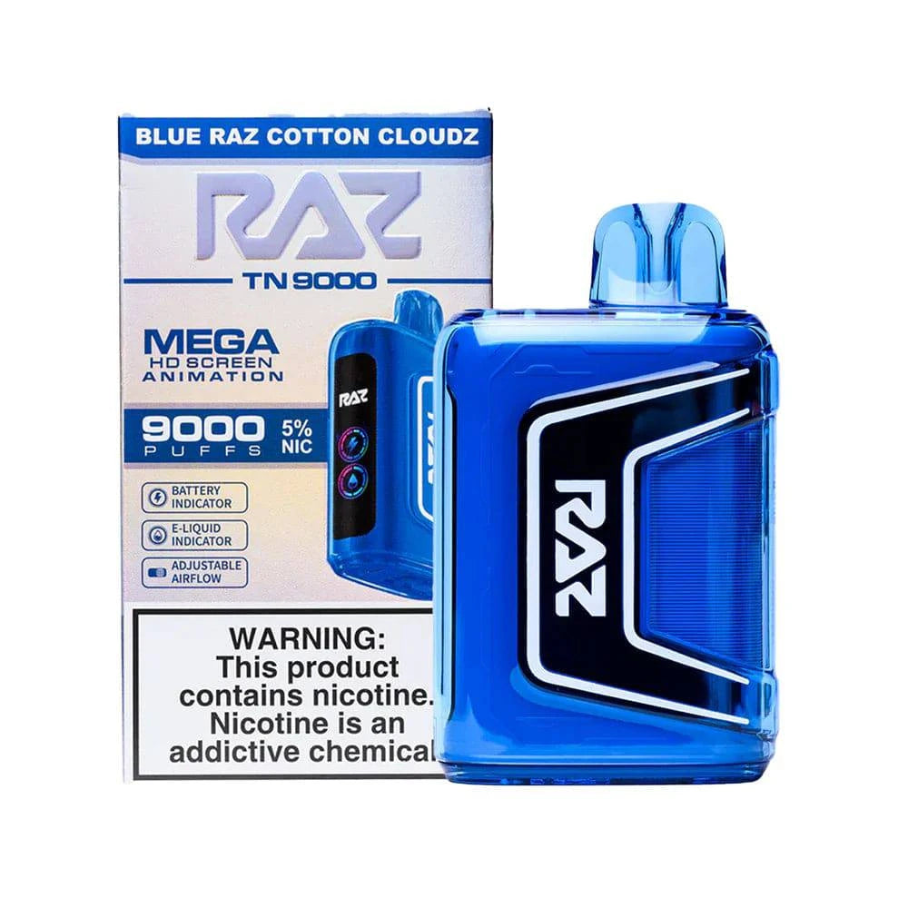 Blue Raz RAZ TN9000 disposable vape from Vape Shop Wholesale with cotton cloud design, showcasing the sleek device and vibrant color.