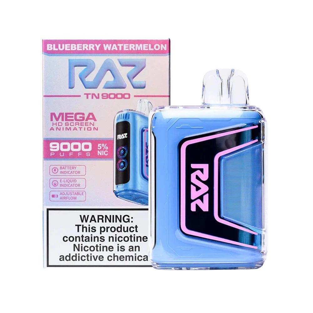 Raz TN9000 disposable vape in Blueberry Watermelon flavor, featuring a sleek design and 9,000 puffs from Vape Shop Wholesale.