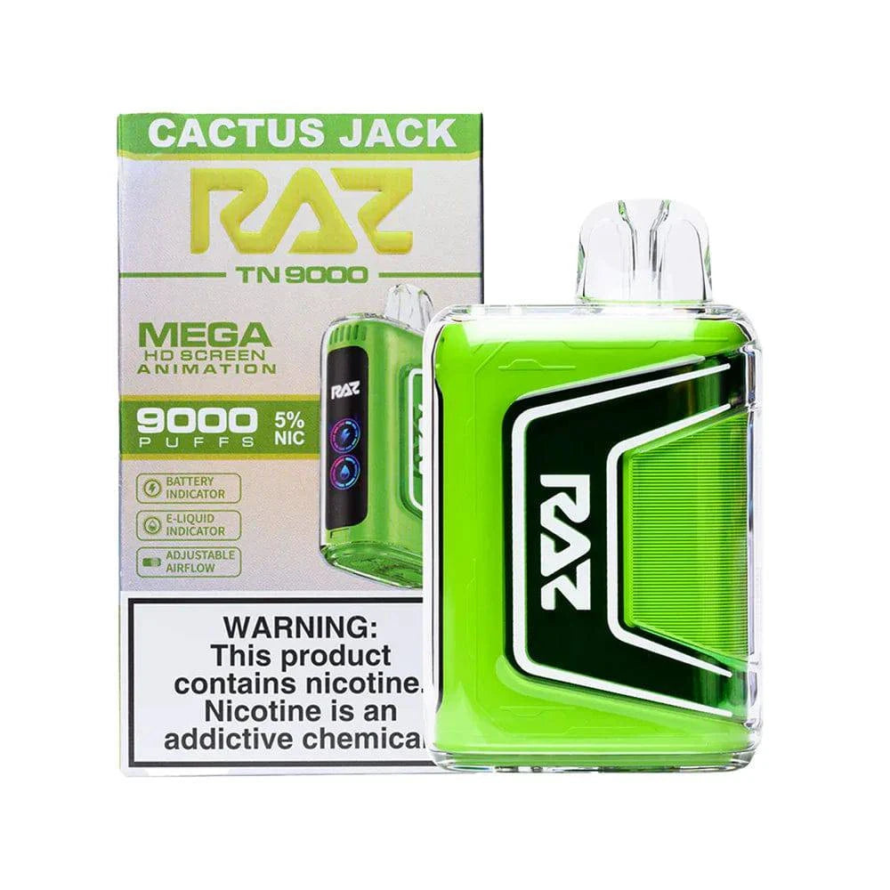 Raz TN9000 disposable vape with cactus jack flavor, showcasing the sleek design and branding on the device.