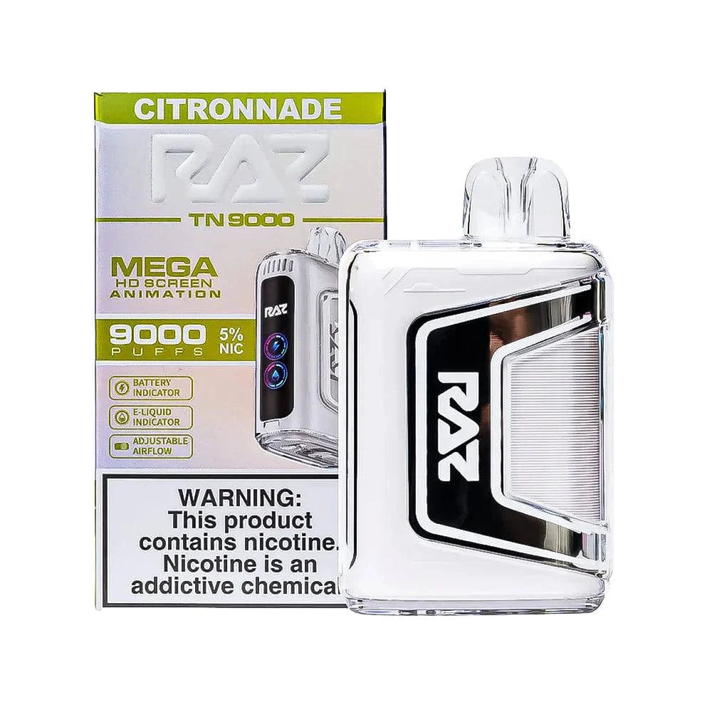 Raz TN9000 disposable vape from Vape Shop Wholesale with citronnade flavor, showing the sleek device with colorful packaging.