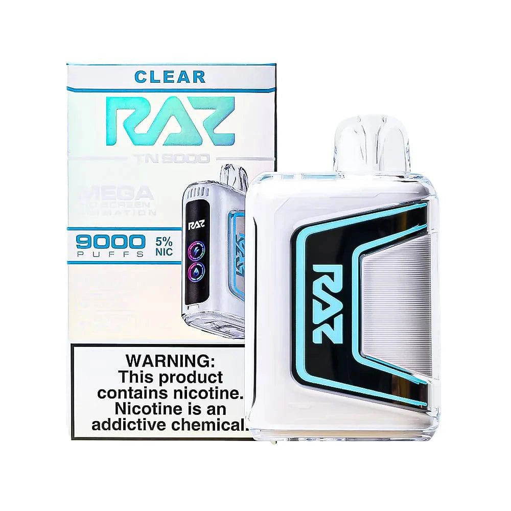 RAZ TN9000 disposable vape from Vape Shop Wholesale, showing a sleek clear design and 9,000 puff capacity.