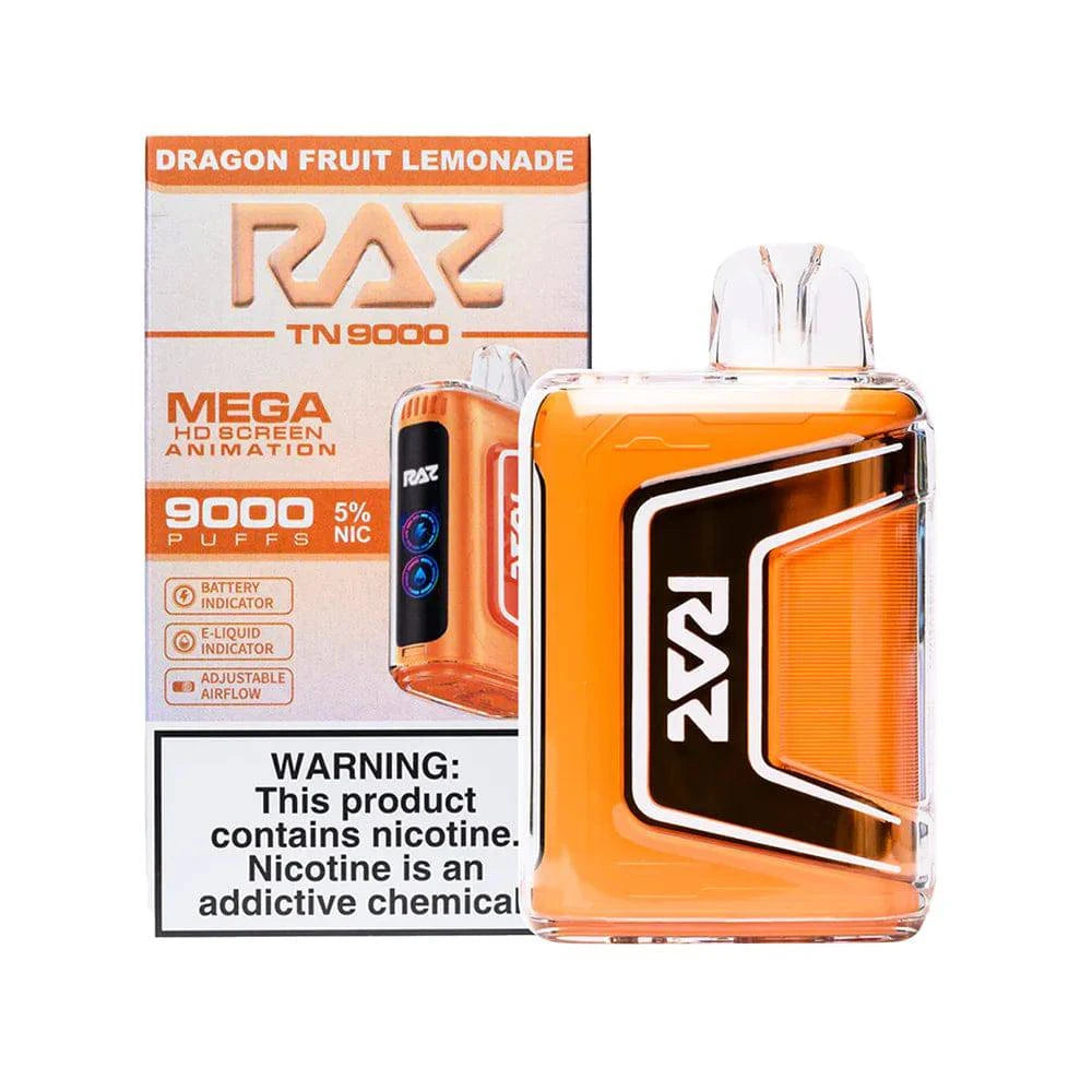 Raz TN9000 disposable vape with dragon fruit and lemonade flavor, showcasing the colorful vape device with flavor details.