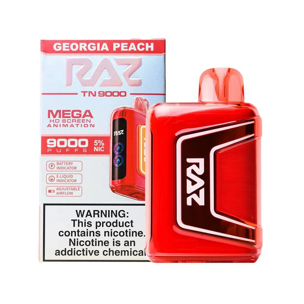 RAZ TN9000 disposable vape with Georgia Peach flavor, featuring a sleek design and 9,000 puffs for long-lasting vaping enjoyment.