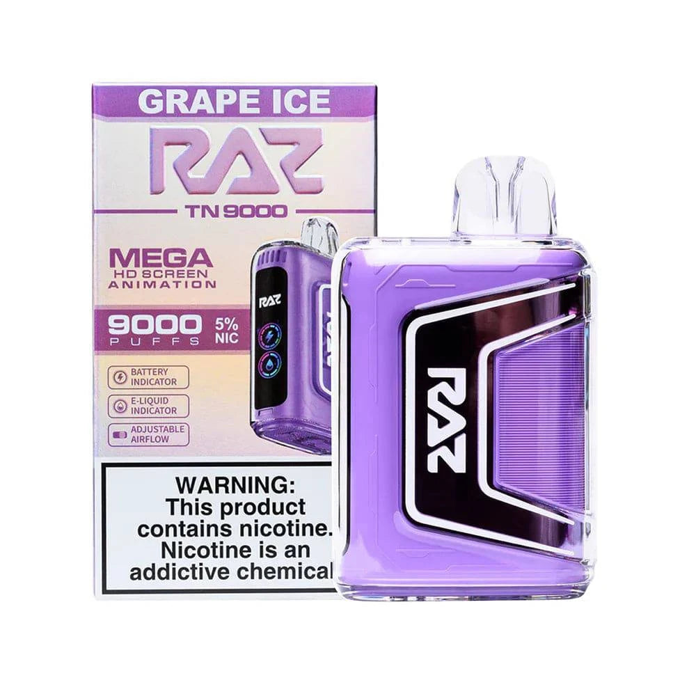 Raz TN9000 disposable vape with grape ice flavor, featuring a sleek design and vibrant purple color on a white background.