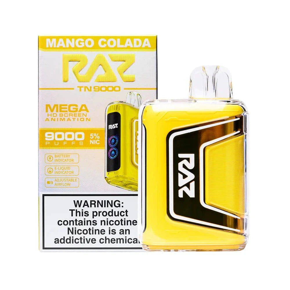 Raz TN9000 disposable vape in Mango Colada flavor, featuring a sleek design and colorful packaging.