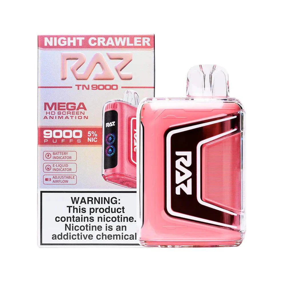RAZ TN9000 disposable vape with night crawler design, showcasing the sleek black and colorful graphics on the device.