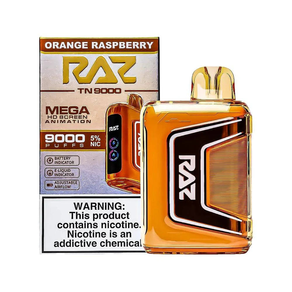 Raz TN9000 disposable vape in orange raspberry flavor, featuring sleek design and 9,000 puffs from Vape Shop Wholesale.