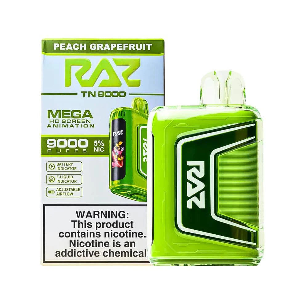 Raz TN9000 disposable vape with peach and grapefruit flavor, showcasing the sleek device with colorful design on a white background.