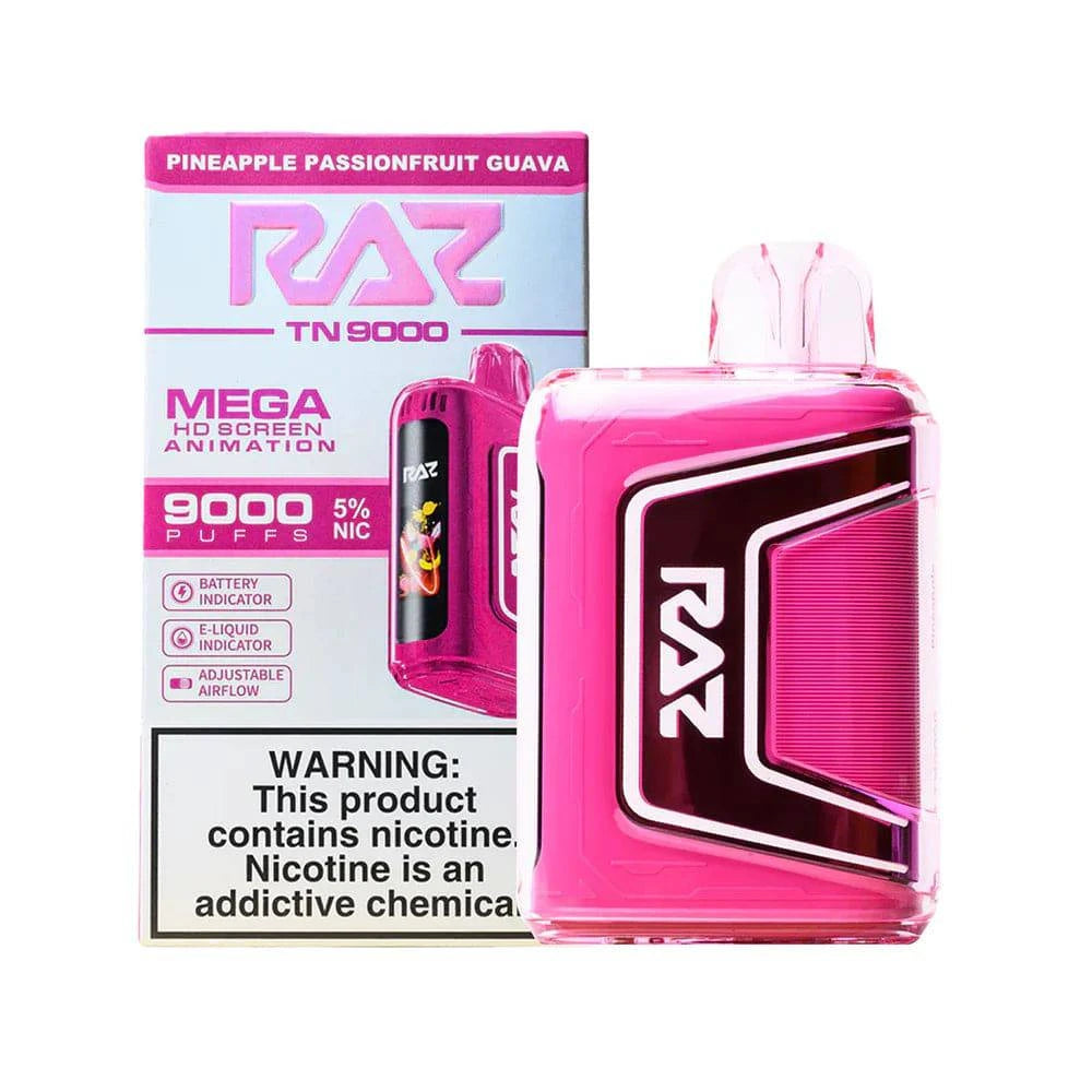 RAZ TN9000 disposable vape with pineapple, passionfruit, and guava flavor, showcasing the colorful device with fruit illustrations.