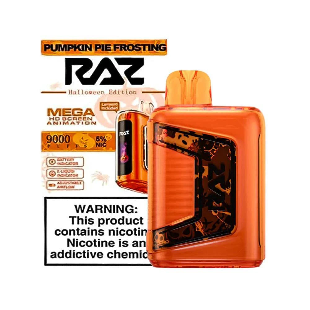 RAZ TN9000 disposable vape with pumpkin pie frosting flavor, featuring a sleek design and colorful branding on the device