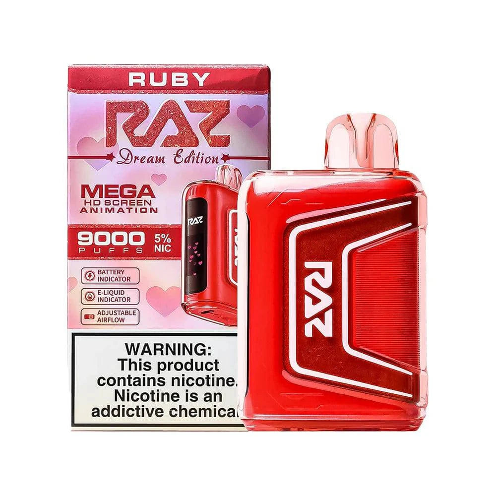Raz TN9000 disposable vape in ruby color with sleek design, featuring 9,000 puffs from vape shop wholesale.