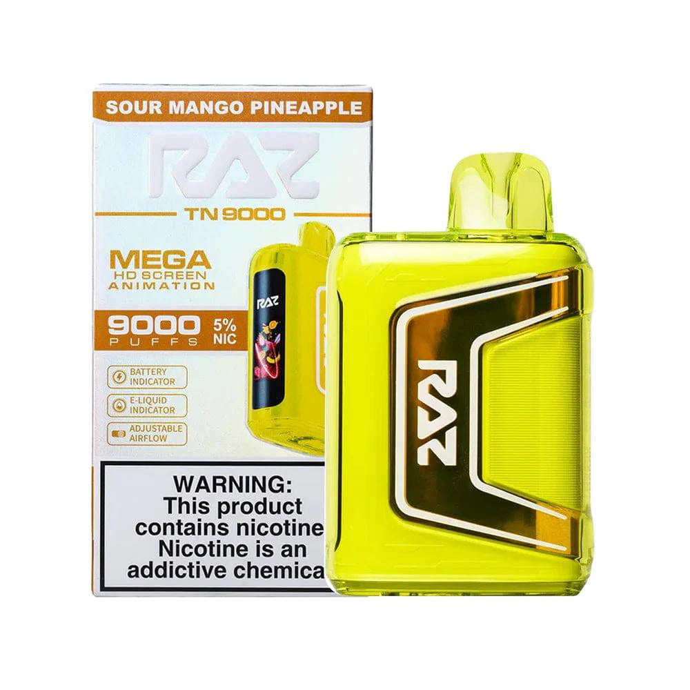 Raz TN9000 disposable vape with sour mango and pineapple flavor, showcasing the colorful fruit-flavored vape device.