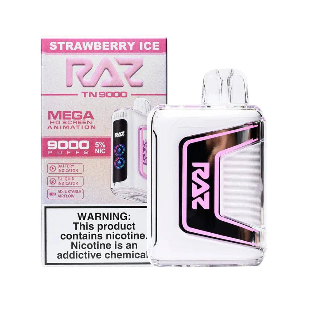 Raz TN9000 disposable vape in strawberry ice flavor, showing the sleek device with colorful packaging and vibrant design.