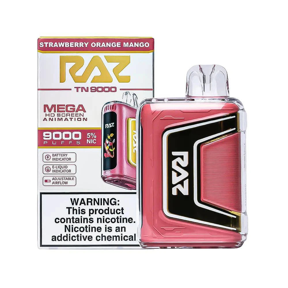 RAZ TN9000 disposable vape with strawberry, orange, and mango flavor, featuring a sleek design and vibrant color.