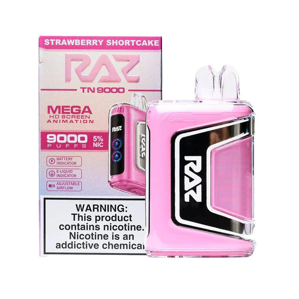 Raz TN9000 disposable vape in strawberry shortcake flavor, showcasing the sleek device with fruity flavor details.