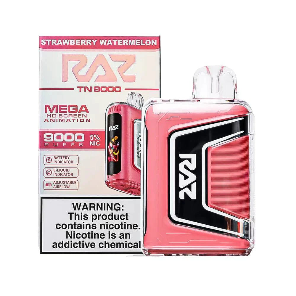 RAZ TN9000 disposable vape with strawberry watermelon flavor, showing the sleek device with colorful branding and flavor label.