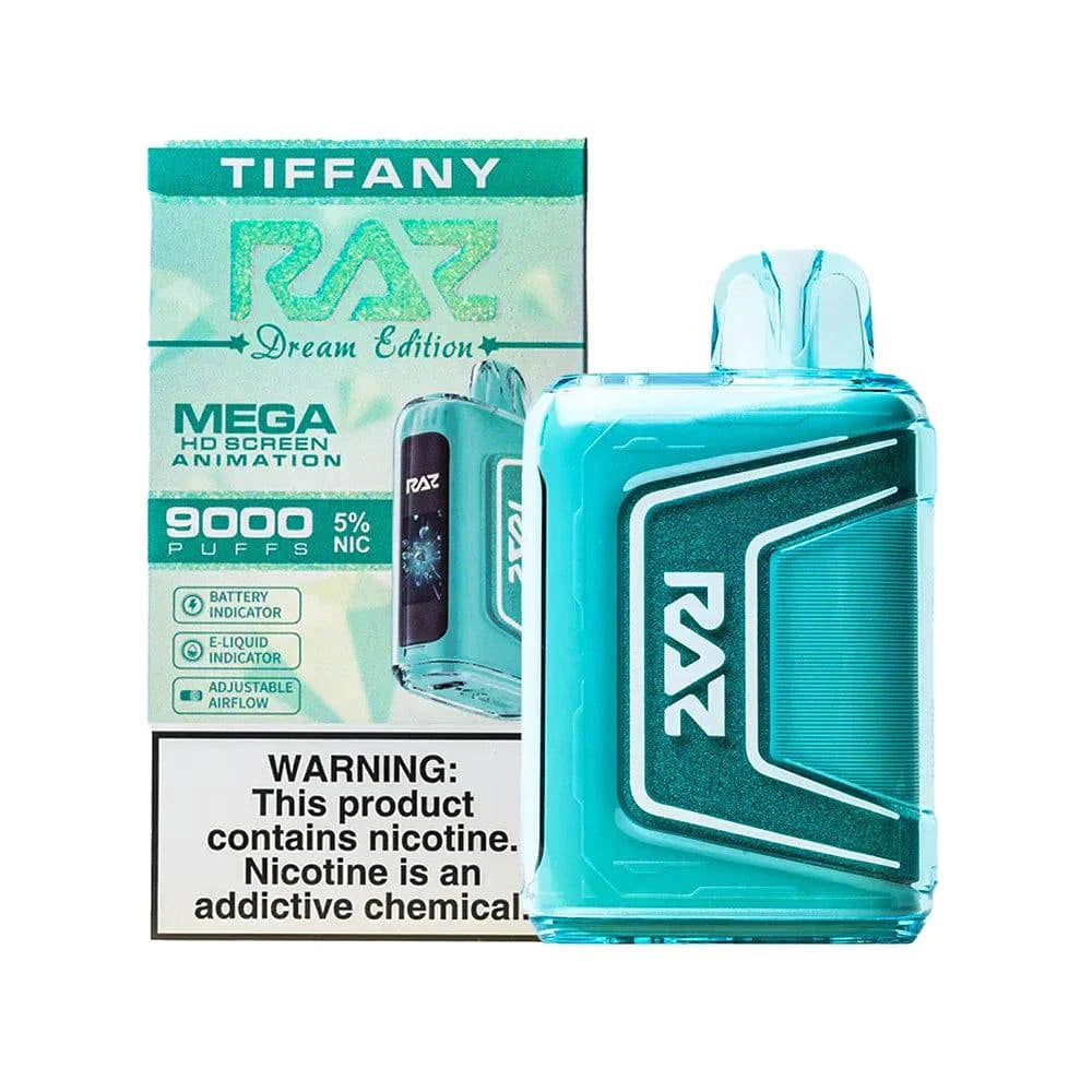 RAZ TN9000 Tiffany disposable vape with sleek design and 9,000 puffs, featuring vibrant teal color and compact shape.