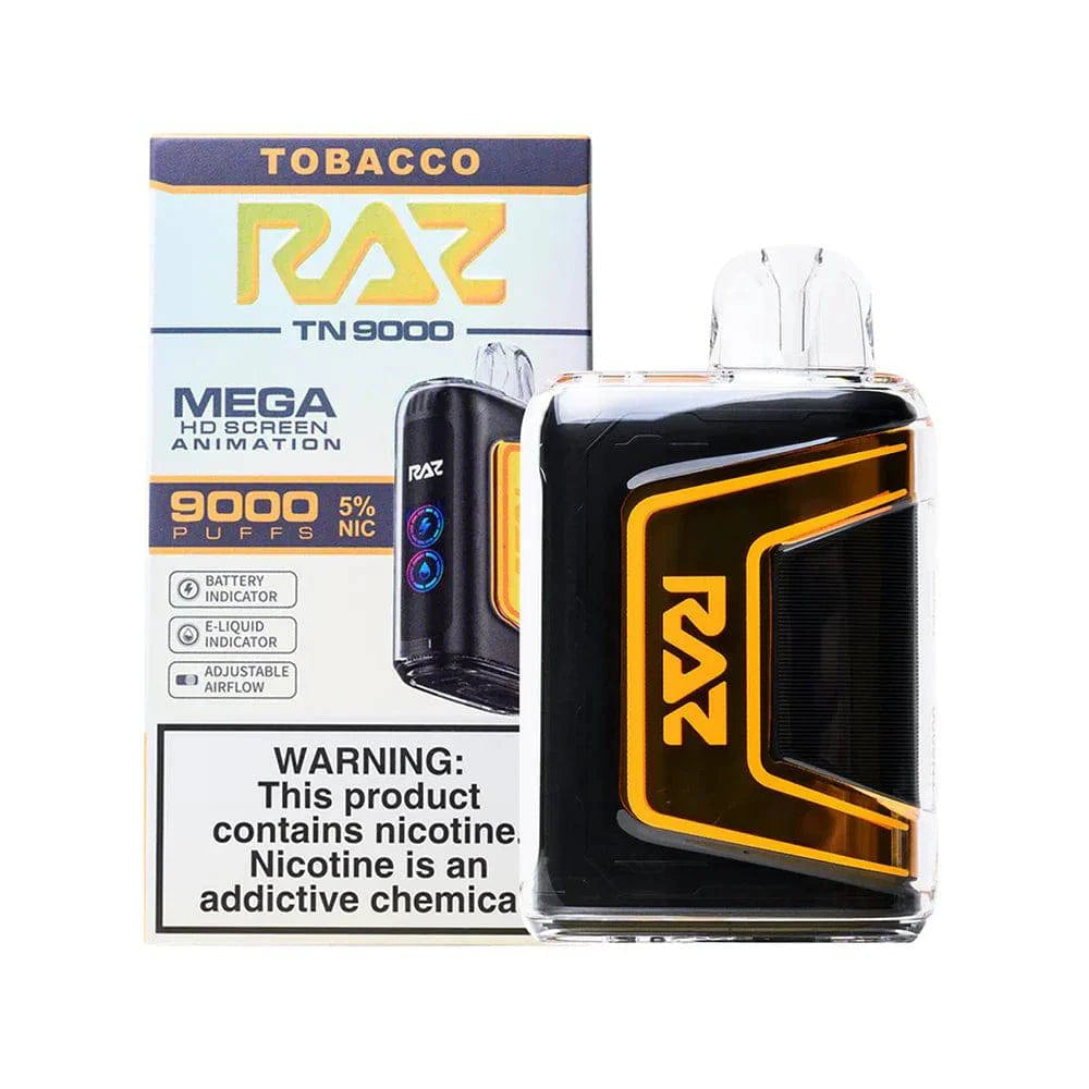 RAZ TN9000 disposable vape with tobacco flavor, 9000 puffs, compact design, from Vape Shop Wholesale.