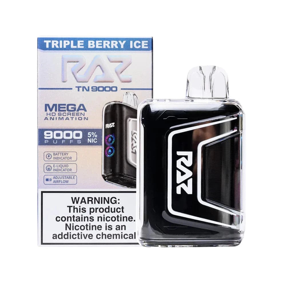 RAZ TN9000 disposable vape with triple berry ice flavor, showing the sleek design and vibrant packaging of the vape device.