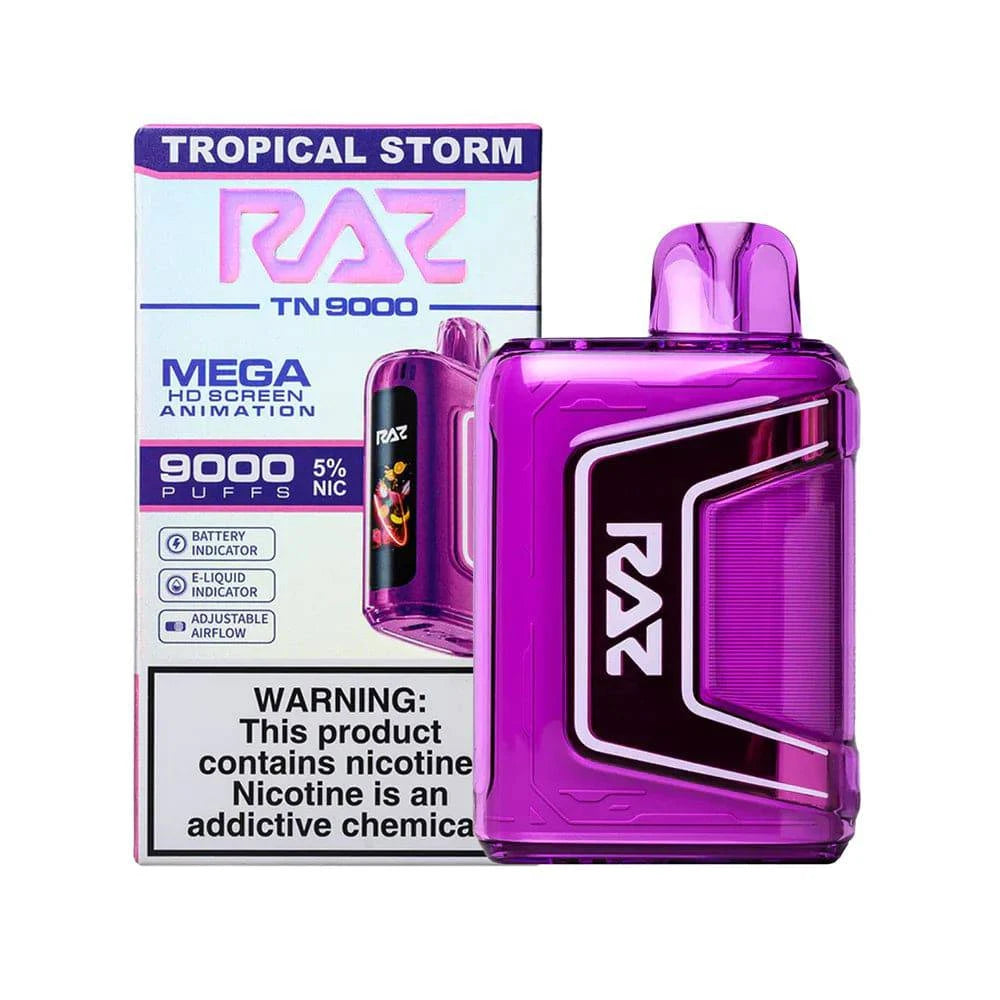 RAZ TN9000 disposable vape with tropical storm flavor, featuring sleek design and 9,000 puffs for extended vaping enjoyment.