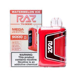Raz TN9000 disposable vape with watermelon ice flavor, showcasing the sleek cylindrical design and vibrant fruit-themed packaging.