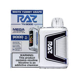 RAZ TN9000 disposable vape in white with Yummy Grape flavor, showing the sleek cylindrical design and colorful branding.