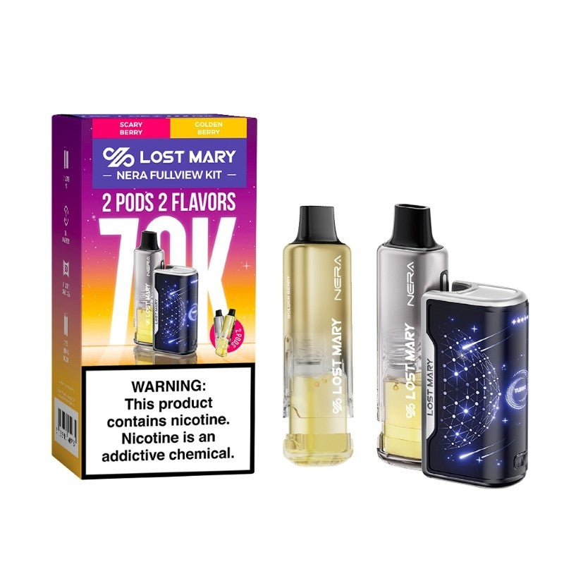 Scary blue and golden berry Lost Mary Nera Fullview 70K vape kit with colorful design and sleek device appearance.