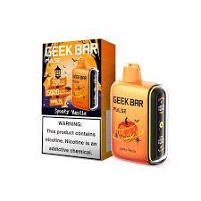 Geek Bar Pulse 15000 vape device featuring spooky vanilla flavor, sleek design, and vibrant branding from vape shop wholesale.