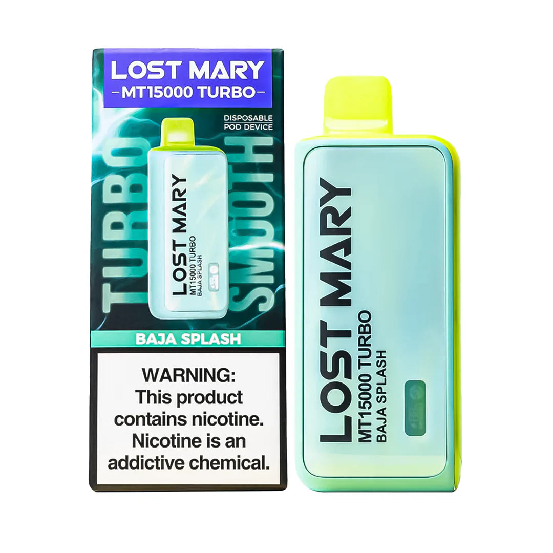 Lost Mary MT15000 Turbo disposable vape by Vape Shop Wholesale with Baja Splash flavor, sleek design and vibrant packaging.