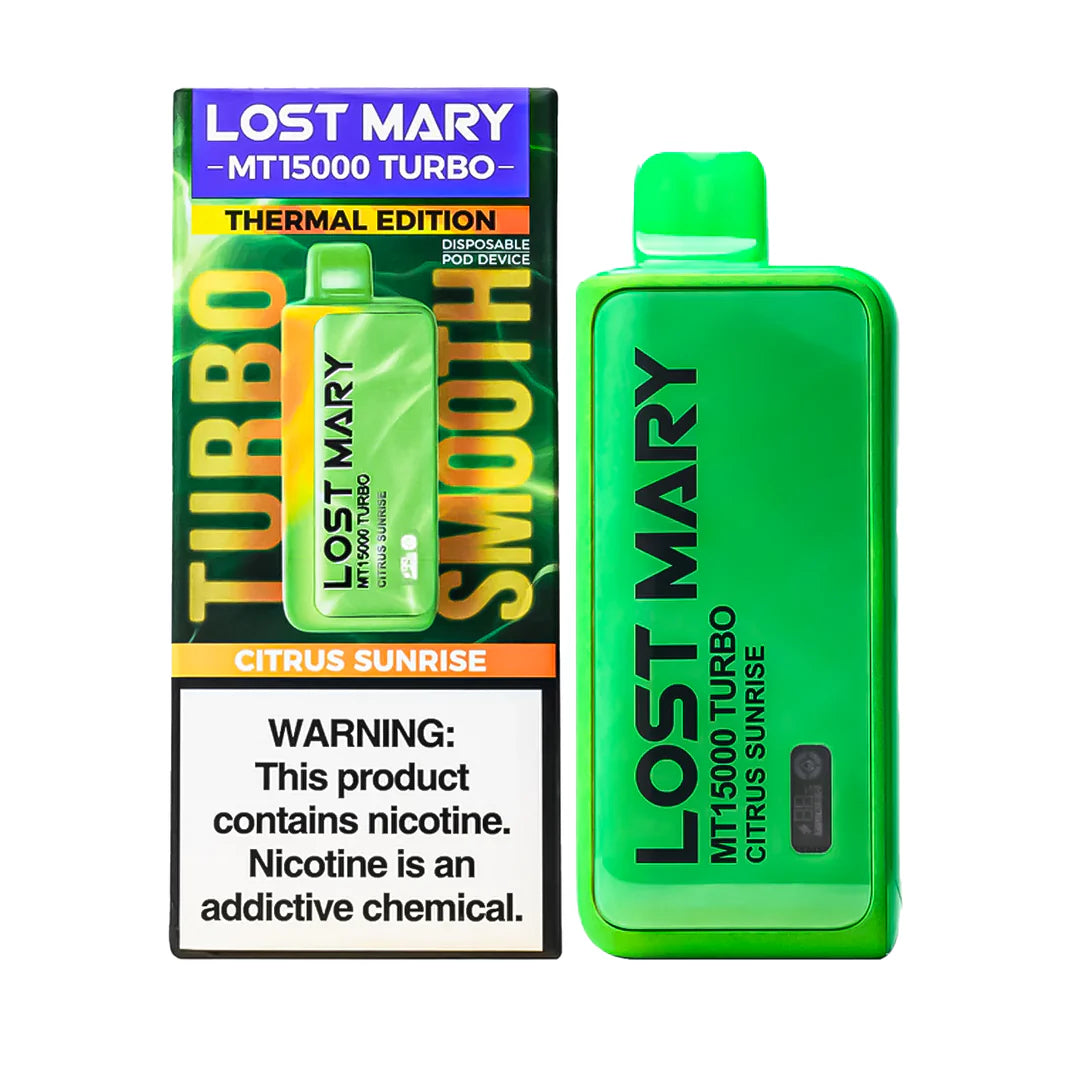 Lost Mary MT15000 Turbo disposable vape with Baja Splash flavor, featuring colorful design and compact portable size.