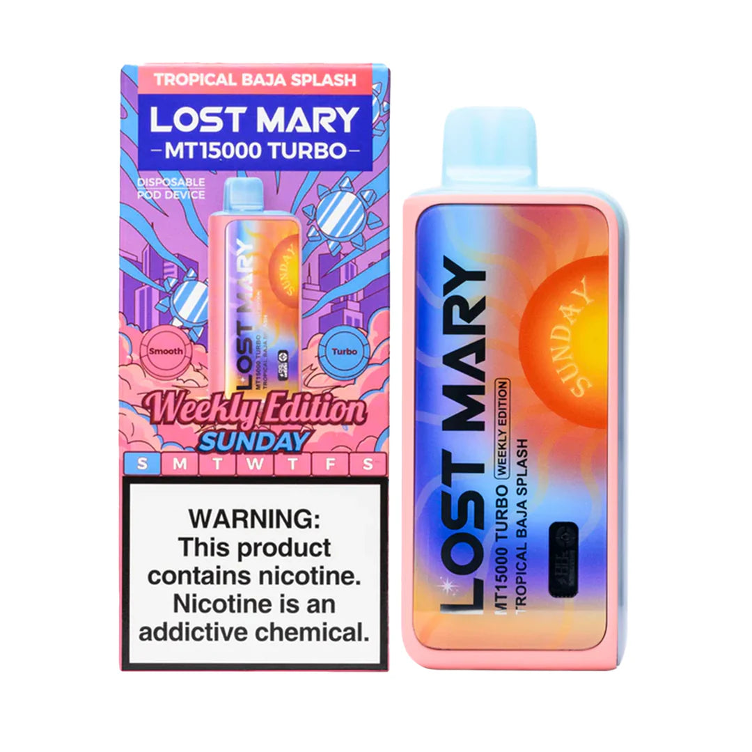 Lost Mary MT15000 Turbo disposable vape from Vape Shop Wholesale, featuring colorful Baja Splash design and compact handheld size.