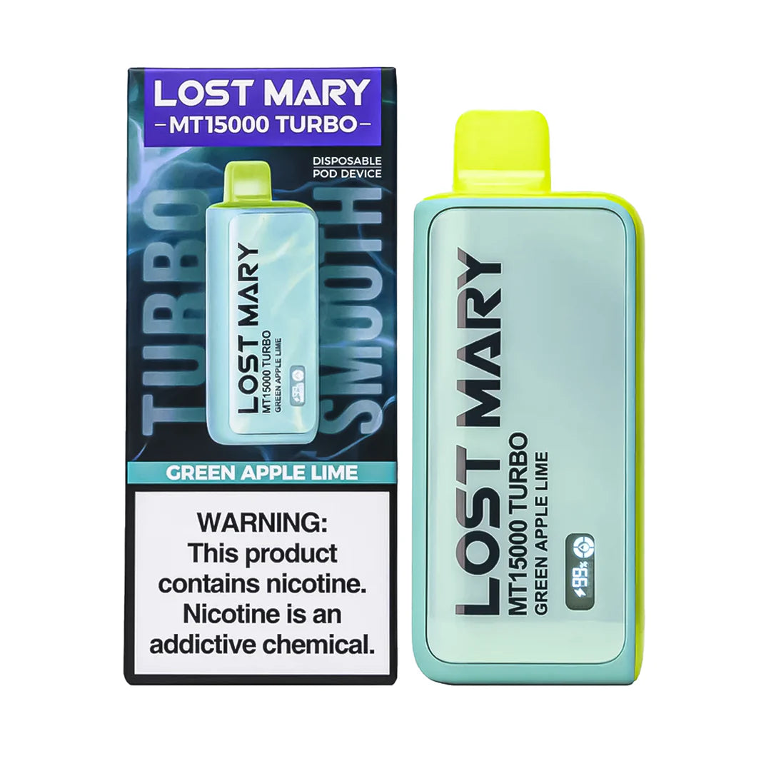 Lost Mary MT15000 Turbo disposable vape with Baja Splash flavor, featuring colorful packaging and sleek design.