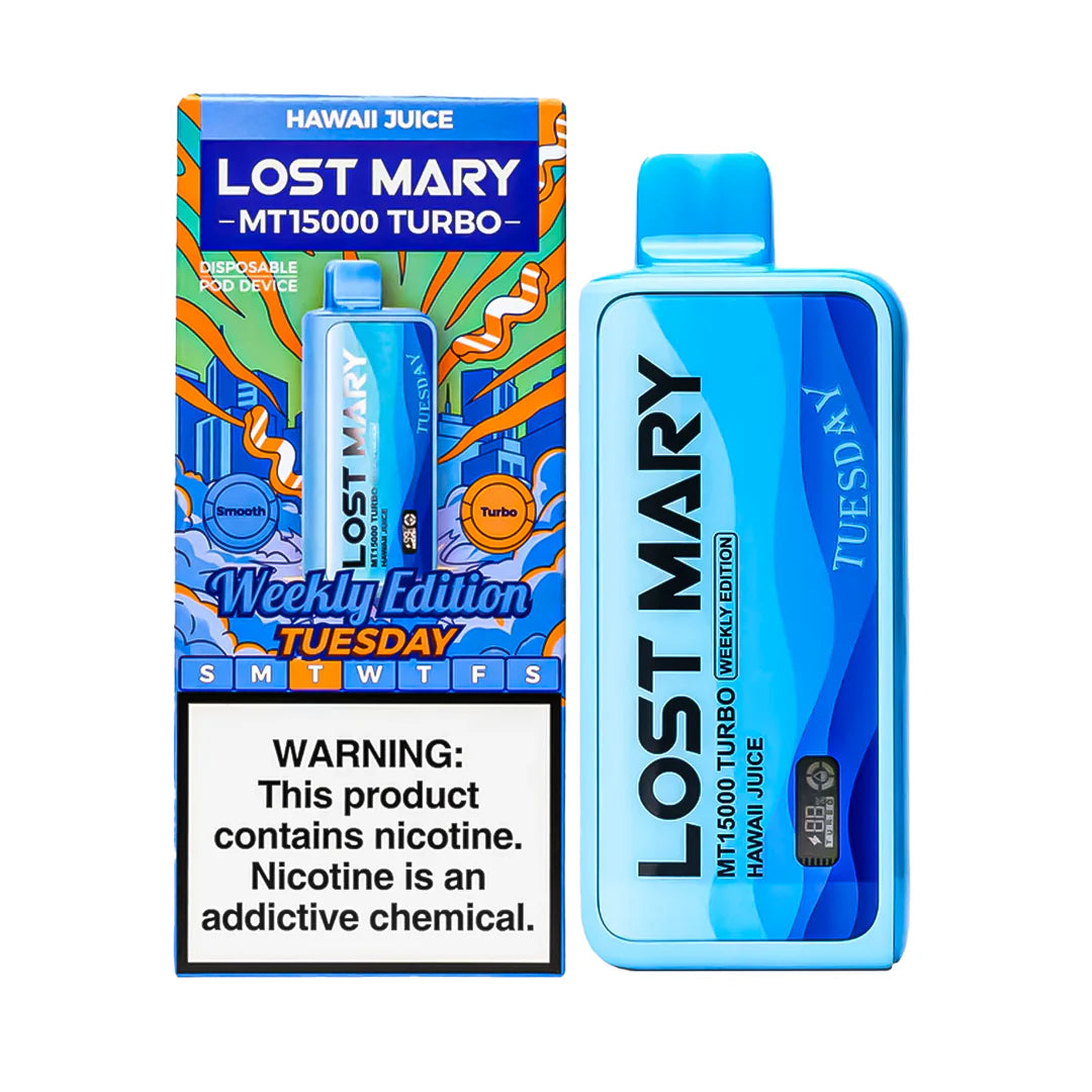 Lost Mary MT15000 Turbo disposable vape with Baja Splash flavor, featuring colorful packaging and vaping device design.