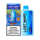 Lost Mary MT15000 Turbo disposable vape with Baja Splash flavor, featuring colorful packaging and vaping device design.