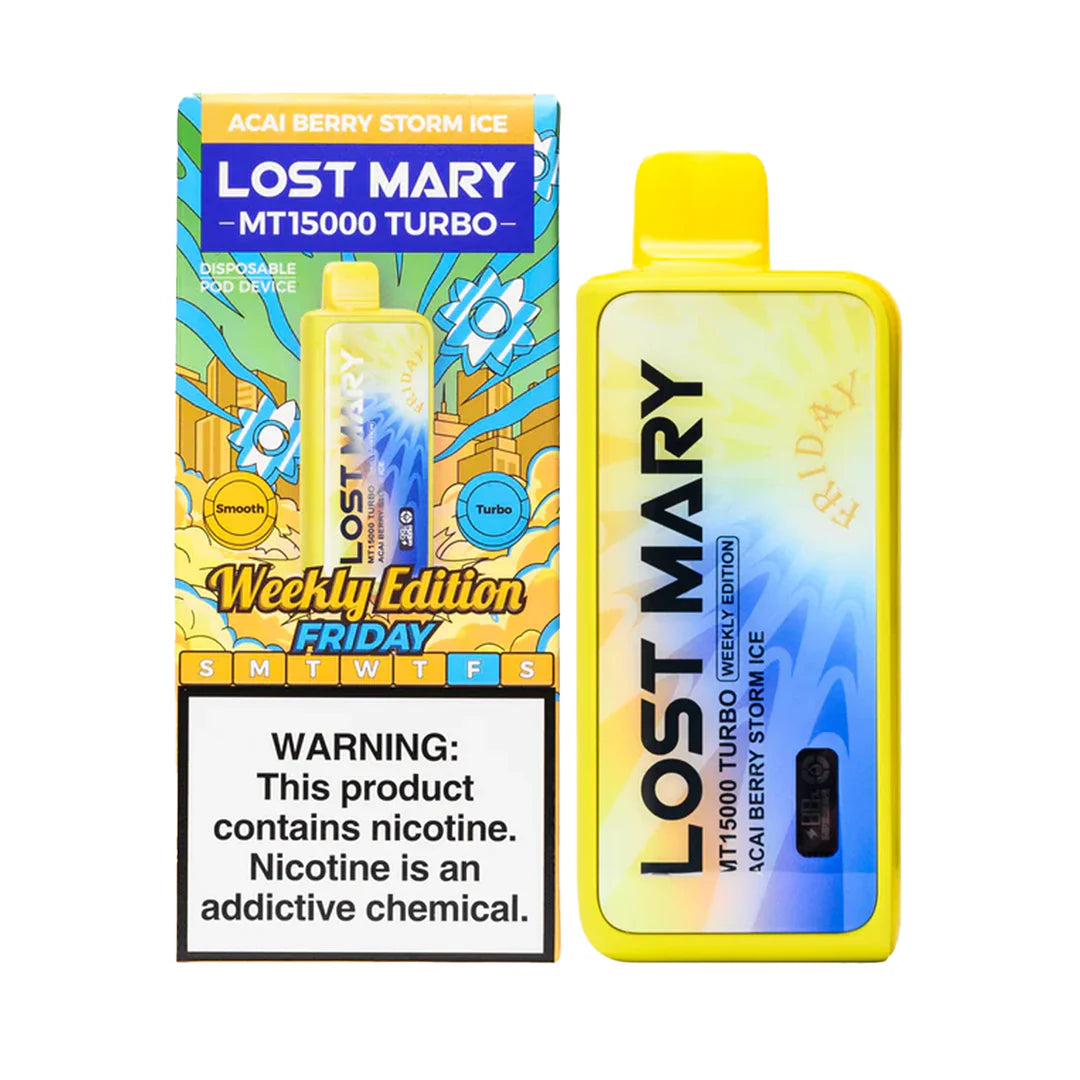 Lost Mary MT15000 Turbo disposable vape with Baja Splash flavor, featuring vibrant branding and sleek design.