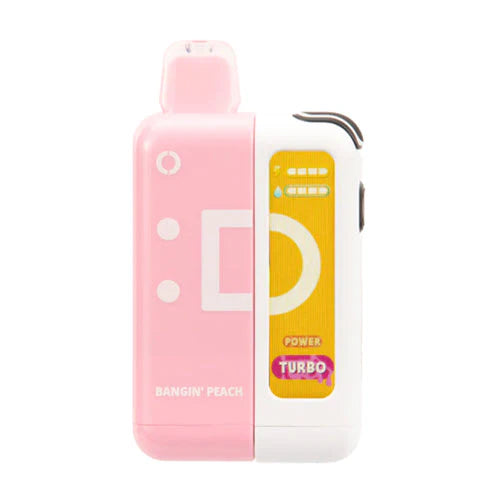 Vape device with Bangin Peach flavor from Off-Stamp X-Cube 25K Kit by Vape Shop Wholesale, showcasing the colorful pod design.