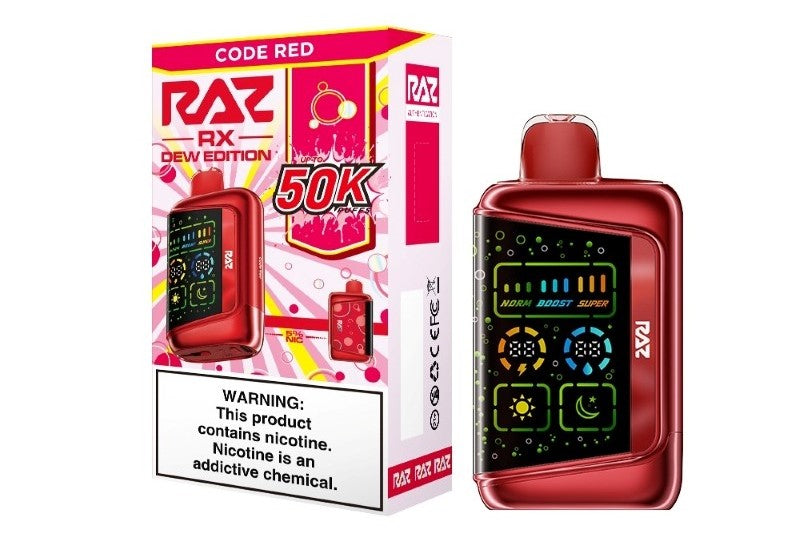 Red RAZ RX50K Dew Edition vape device from Vape Shop Wholesale, showing its sleek design and vibrant color.