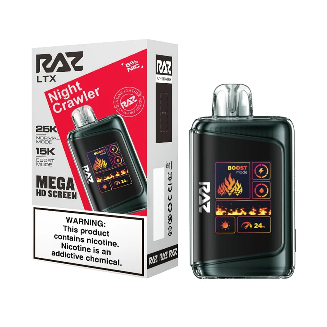 Night Crawler RAZ LTX 25000 disposable vape from Vape Shop Wholesale, showing sleek design and branding.