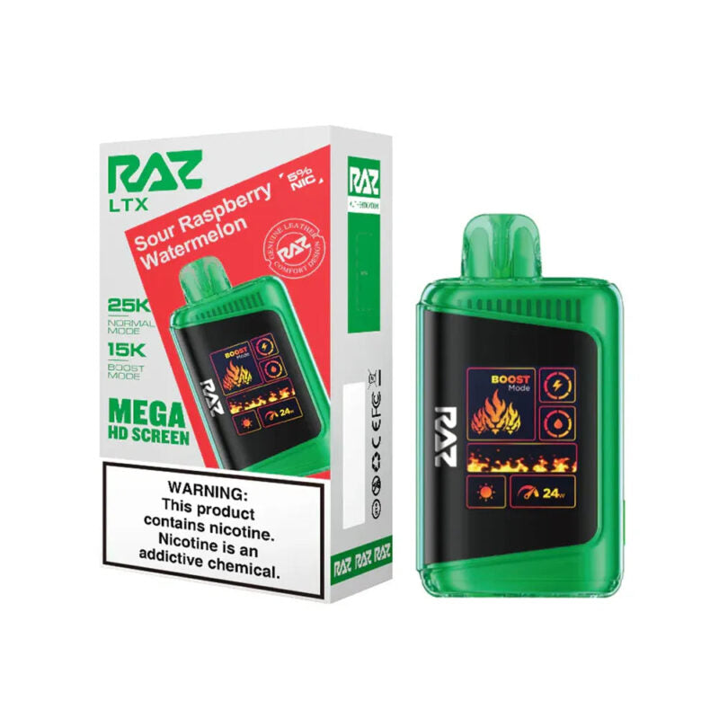 RAZ LTX 25000 disposable vape with sleek black design and LED indicator, providing 25,000 puffs from Vape Shop Wholesale.
