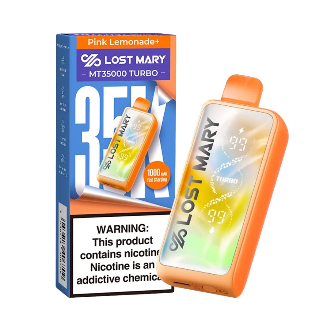 Lost Mary MT35K Turbo vape in pink lemonade flavor with a sleek design, showcasing its vibrant color and branding.