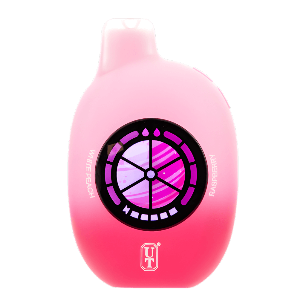 Flum UT Bar 50K disposable vape in white peach raspberry flavor, showcasing the sleek design and vibrant color.